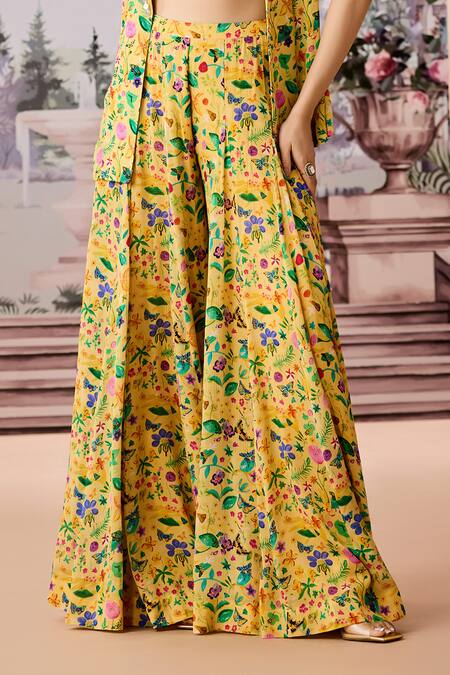 Aneesh Agarwaal Yellow Crepe Sequins, Beads Sweetheart Floral Garden Print Jacket Sharara Set Online at Aza Fashions Aneesh Agarwaal_Yellow Crepe Sequins, Beads Sweetheart Floral Garden Print Jacket Sharara Set _Online_at_Aza_Fashions