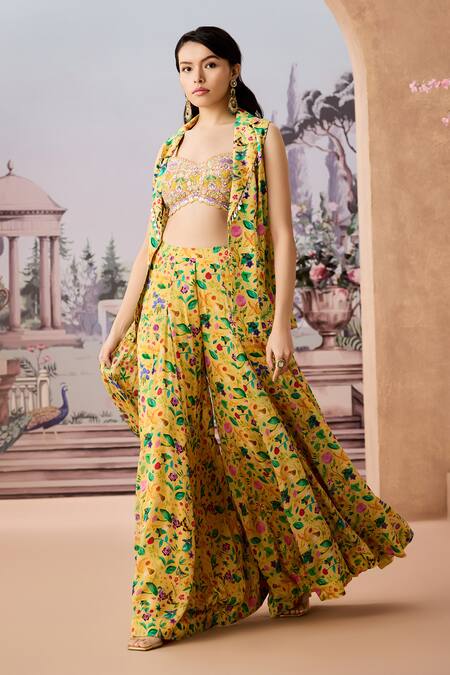 Buy Aneesh Agarwaal Yellow Crepe Sequins, Beads Sweetheart Floral Garden Print Jacket Sharara Set Online at Aza Fashions Buy_Aneesh Agarwaal_Yellow Crepe Sequins, Beads Sweetheart Floral Garden Print Jacket Sharara Set _Online_at_Aza_Fashions
