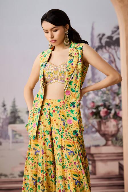 Shop Aneesh Agarwaal Yellow Crepe Sequins, Beads Sweetheart Floral Garden Print Jacket Sharara Set Online at Aza Fashions Shop_Aneesh Agarwaal_Yellow Crepe Sequins, Beads Sweetheart Floral Garden Print Jacket Sharara Set _Online_at_Aza_Fashions
