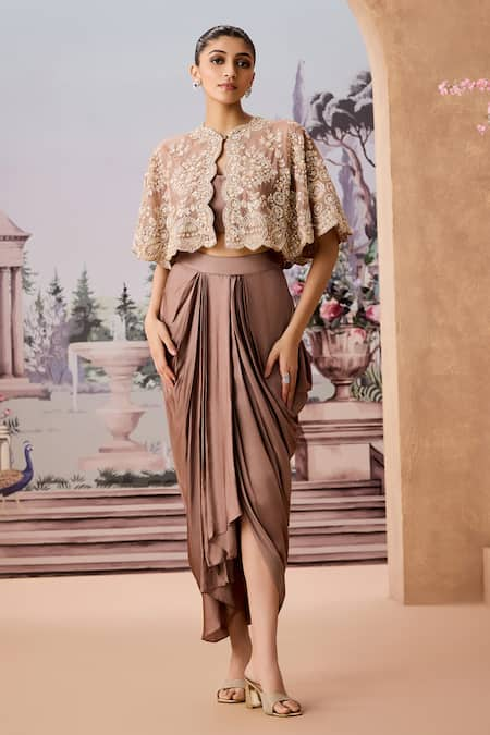 Aneesh Agarwaal Brown Cape Organza Embroidered Sequin Cape Mandala Scalloped Dhoti Skirt Set 