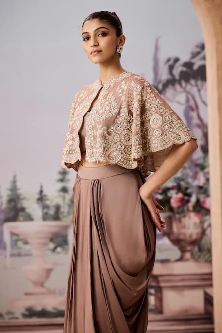 Buy_Aneesh Agarwaal_Brown Satin Sequins, Beads Mandala Embroidered Scalloped Cape Dhoti Skirt Set _Online_at_Aza_Fashions