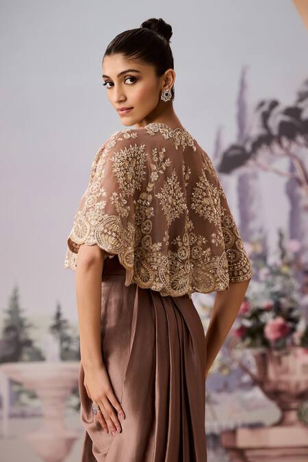 Shop_Aneesh Agarwaal_Brown Satin Sequins, Beads Mandala Embroidered Scalloped Cape Dhoti Skirt Set _Online_at_Aza_Fashions