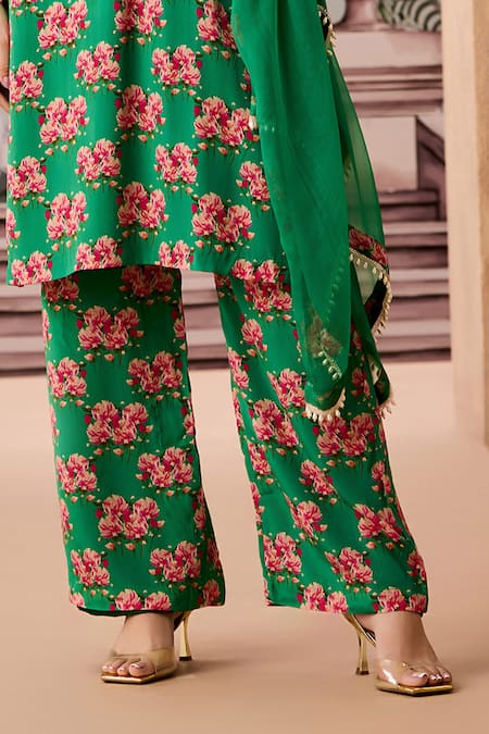 Aneesh Agarwaal_Green Crepe, Silk Organza Sequins, Floral Blossom Printed Kurta Palazzo Set _Online_at_Aza_Fashions