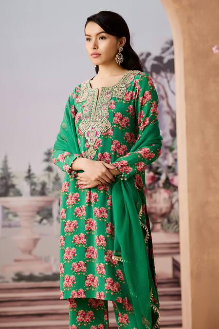 Buy_Aneesh Agarwaal_Green Crepe, Silk Organza Sequins, Floral Blossom Printed Kurta Palazzo Set _Online_at_Aza_Fashions