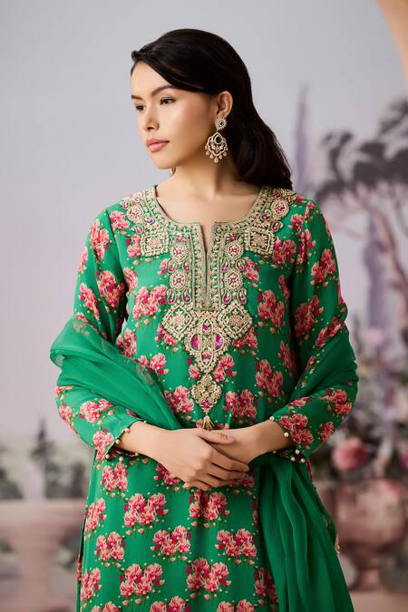 Shop_Aneesh Agarwaal_Green Crepe, Silk Organza Sequins, Floral Blossom Printed Kurta Palazzo Set _Online_at_Aza_Fashions
