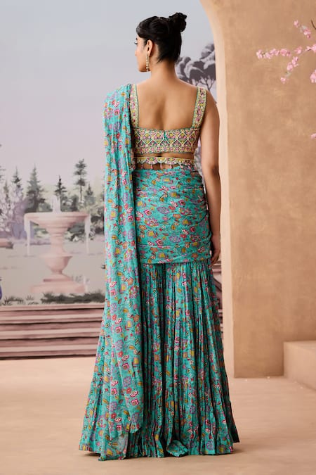 Aneesh Agarwaal Floral Chintz Printed Pre-Draped Sharara Saree Set