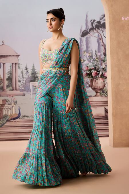 Aneesh Agarwaal Blue Chiffon Sequins, Beads, Floral Chintz Printed Pre-draped Sharara Saree Set Online at Aza Fashions Aneesh Agarwaal_Blue Chiffon Sequins, Beads, Floral Chintz Printed Pre-draped Sharara Saree Set _Online_at_Aza_Fashions
