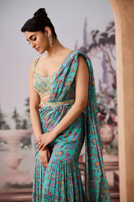Buy Aneesh Agarwaal Blue Chiffon Sequins, Beads, Floral Chintz Printed Pre-draped Sharara Saree Set Online at Aza Fashions Buy_Aneesh Agarwaal_Blue Chiffon Sequins, Beads, Floral Chintz Printed Pre-draped Sharara Saree Set _Online_at_Aza_Fashions