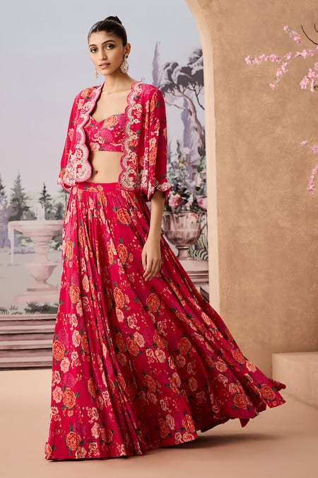 Aneesh Agarwaal Red Crepe Printed Sequin Cape Open Flower Scalloped Lehenga Set 