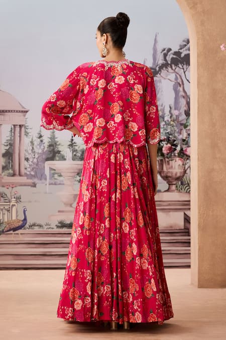 Aneesh Agarwaal Flower Print Scalloped Cape Lehenga Set 