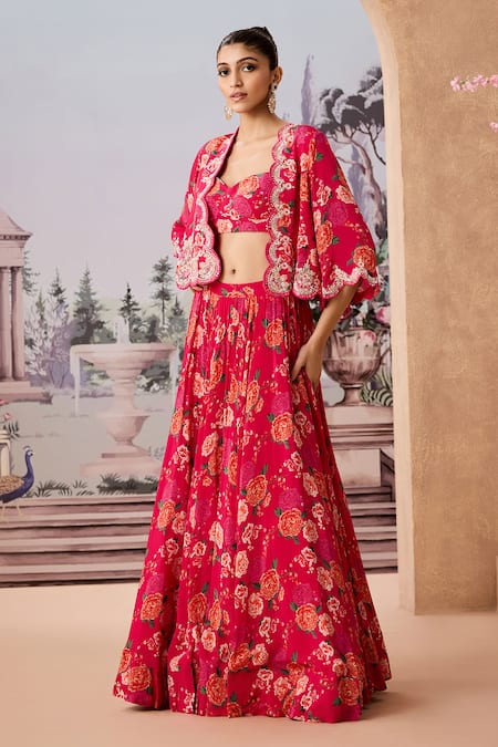 Aneesh Agarwaal Red Crepe Embroidery, Sequins, Beads Flower Print Scalloped Cape Lehenga Set Online at Aza Fashions Aneesh Agarwaal_Red Crepe Embroidery, Sequins, Beads Flower Print Scalloped Cape Lehenga Set _Online_at_Aza_Fashions