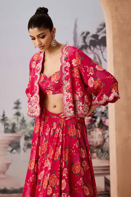 Buy Aneesh Agarwaal Red Crepe Embroidery, Sequins, Beads Flower Print Scalloped Cape Lehenga Set Online at Aza Fashions Buy_Aneesh Agarwaal_Red Crepe Embroidery, Sequins, Beads Flower Print Scalloped Cape Lehenga Set _Online_at_Aza_Fashions