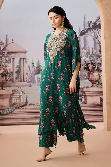 Aneesh Agarwaal_Green Crepe Applique, Beads Split V-neck Floral Printed Kaftan With Pant _Online_at_Aza_Fashions