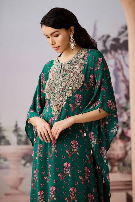 Buy_Aneesh Agarwaal_Green Crepe Applique, Beads Split V-neck Floral Printed Kaftan With Pant _Online_at_Aza_Fashions