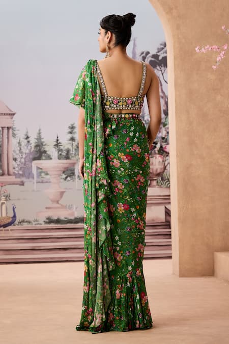 Aneesh Agarwaal Floral Chintz Printed Pre-Draped Ruffle Saree Set