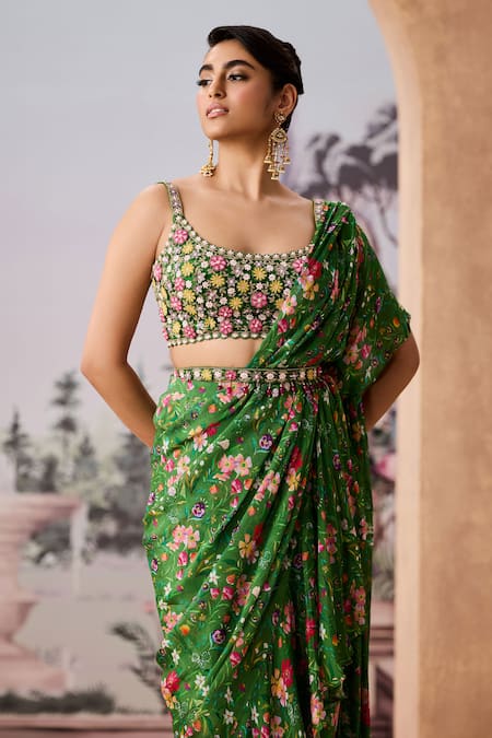 Aneesh Agarwaal_Green Chiffon Sequins, Floral Chintz Printed Pre-draped Ruffle Saree Set _Online_at_Aza_Fashions
