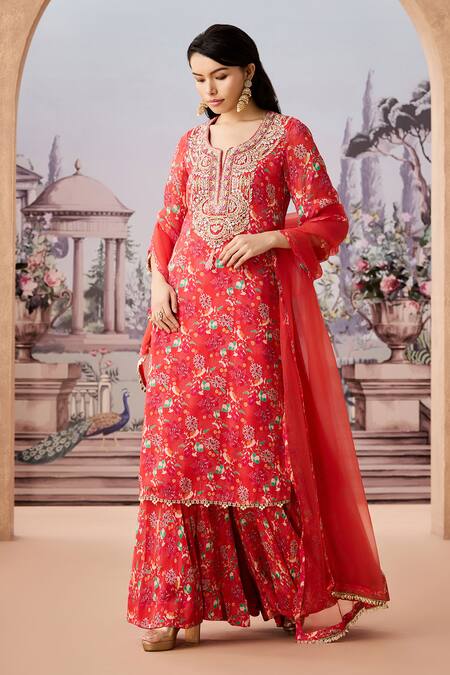 Aneesh Agarwaal Orange Chiffon Embroidery, Sequins, Beads Floral Chintz Print Kurta Sharara Set Online at Aza Fashions Aneesh Agarwaal_Orange Chiffon Embroidery, Sequins, Beads Floral Chintz Print Kurta Sharara Set _Online_at_Aza_Fashions