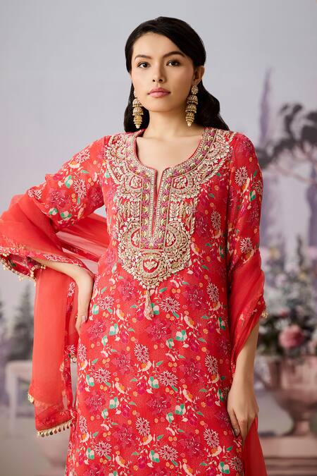Buy Aneesh Agarwaal Orange Chiffon Embroidery, Sequins, Beads Floral Chintz Print Kurta Sharara Set Online at Aza Fashions Buy_Aneesh Agarwaal_Orange Chiffon Embroidery, Sequins, Beads Floral Chintz Print Kurta Sharara Set _Online_at_Aza_Fashions