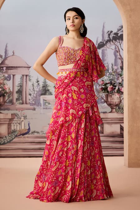 Aneesh Agarwaal Fuchsia Chinon Chiffon Printed Sequin Chintz Pre-draped Ruffle Saree Set 