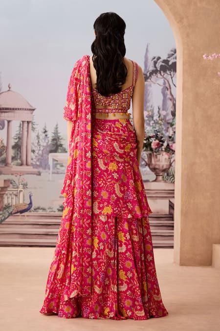 Aneesh Agarwaal Chintz Printed Pre-Draped Ruffle Saree Set 