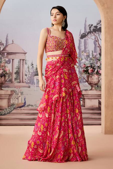 Aneesh Agarwaal_Fuchsia Chiffon Sequins, Beads Chintz Printed Pre-draped Ruffle Saree Set _Online_at_Aza_Fashions