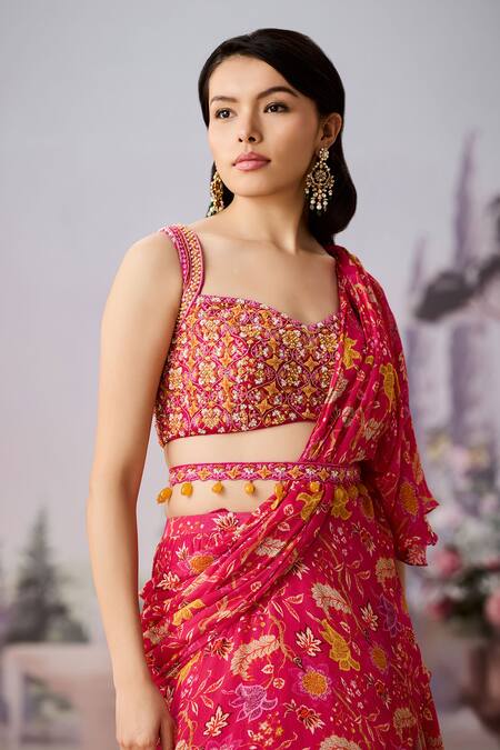 Buy_Aneesh Agarwaal_Fuchsia Chiffon Sequins, Beads Chintz Printed Pre-draped Ruffle Saree Set _Online_at_Aza_Fashions
