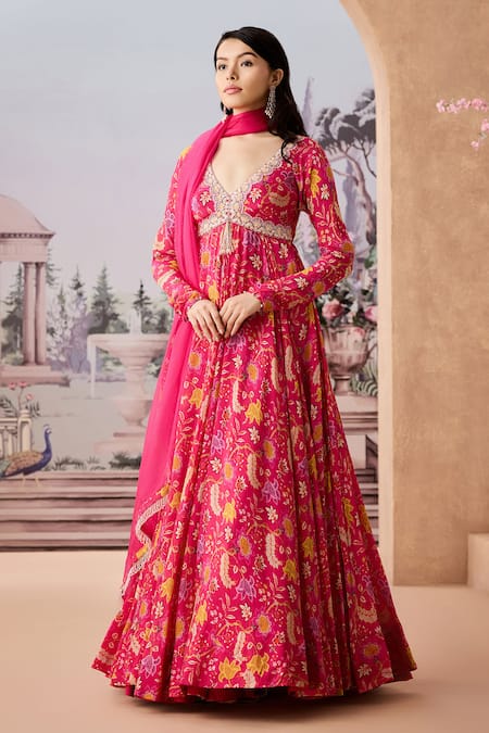 Aneesh Agarwaal_Fuchsia Chiffon, Organza Beads, Floral Chintz Printed Anarkali With Dupatta _Online_at_Aza_Fashions