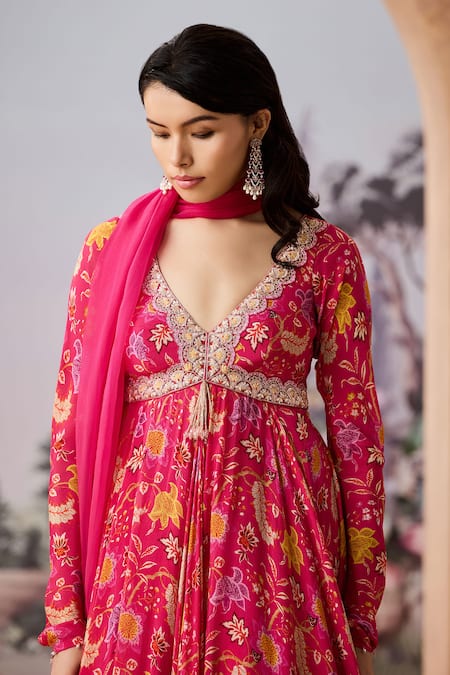 Buy_Aneesh Agarwaal_Fuchsia Chiffon, Organza Beads, Floral Chintz Printed Anarkali With Dupatta _Online_at_Aza_Fashions
