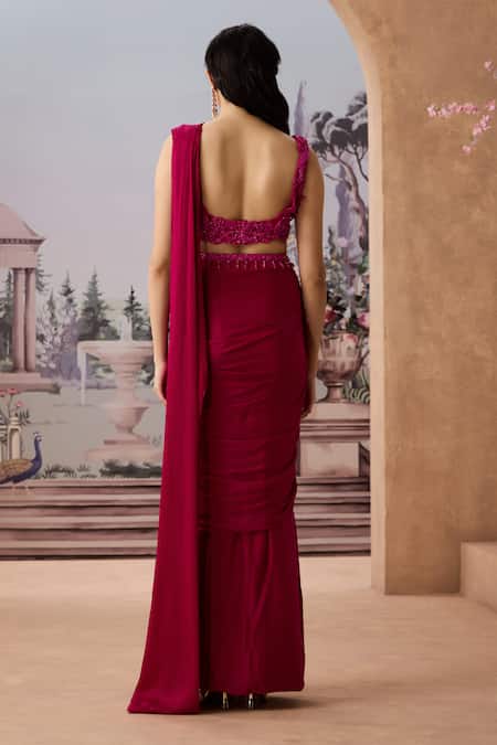 Aneesh Agarwaal Solid Pre-Draped Saree With Floral Applique Blouse 