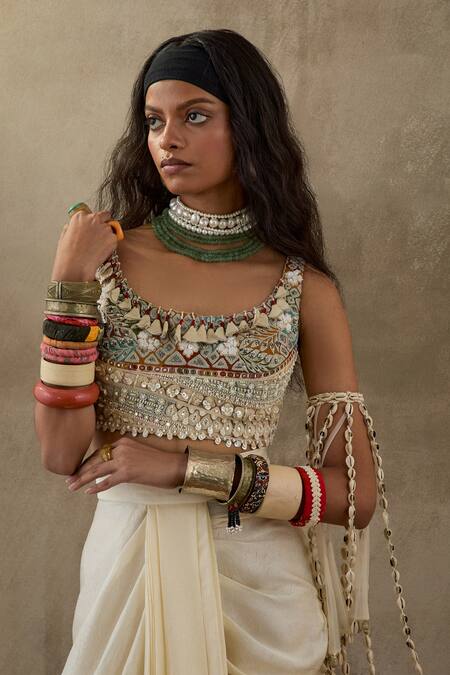 Aseem Kapoor_Off White Silk, Net Beads, Tassels Round Kalpa Resham Embroidered Saree Blouse _Online_at_Aza_Fashions