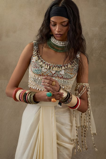 Aseem Kapoor_Off White Silk, Net Beads, Tassels Round Kalpa Resham Embroidered Saree Blouse _at_Aza_Fashions