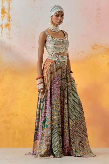Buy_Aseem Kapoor_Multi Color Silk, Net, Crepe Beads, Tassels Kalpa Embroidered Blouse And Skirt Set _Online_at_Aza_Fashions