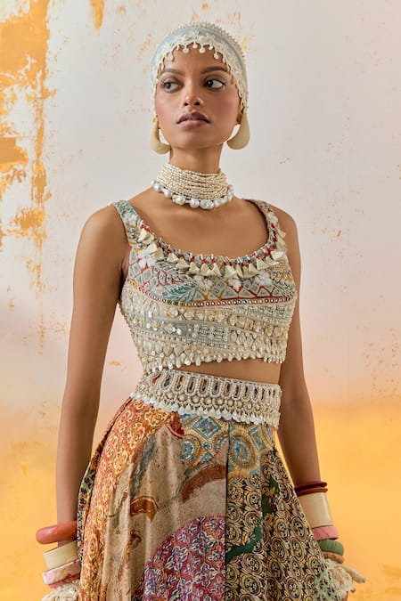 Shop_Aseem Kapoor_Multi Color Silk, Net, Crepe Beads, Tassels Kalpa Embroidered Blouse And Skirt Set _Online_at_Aza_Fashions