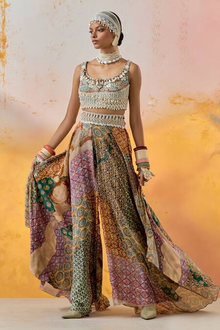 Aseem Kapoor_Multi Color Silk, Net, Crepe Beads, Tassels Kalpa Embroidered Blouse And Skirt Set _at_Aza_Fashions