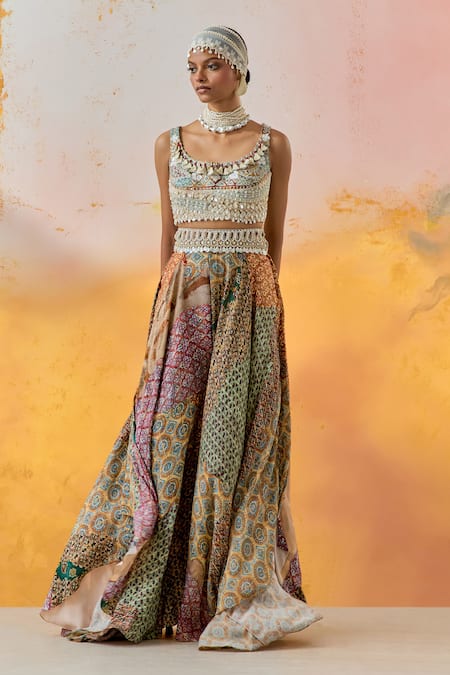 Buy_Aseem Kapoor_Multi Color Silk, Net, Crepe Beads, Tassels Kalpa Embroidered Blouse And Skirt Set 