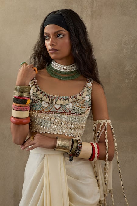 Aseem Kapoor Off White Silk, Net Embroidery Round Neck Kalpa Blouse And Draped Skirt Set Online at Aza Fashions Aseem Kapoor_Off White Silk, Net Embroidery Round Neck Kalpa Blouse And Draped Skirt Set _Online_at_Aza_Fashions