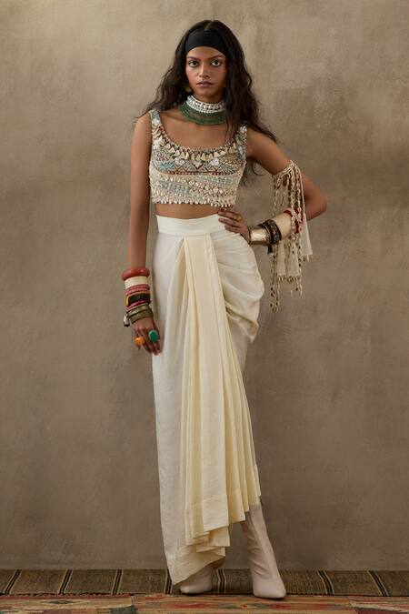 Buy Aseem Kapoor Off White Silk, Net Embroidery Round Neck Kalpa Blouse And Draped Skirt Set Online at Aza Fashions Buy_Aseem Kapoor_Off White Silk, Net Embroidery Round Neck Kalpa Blouse And Draped Skirt Set _Online_at_Aza_Fashions