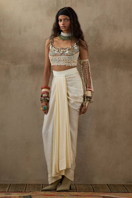 Aseem Kapoor Off White Silk, Net Embroidery Round Neck Kalpa Blouse And Draped Skirt Set at Aza Fashions Aseem Kapoor_Off White Silk, Net Embroidery Round Neck Kalpa Blouse And Draped Skirt Set _at_Aza_Fashions