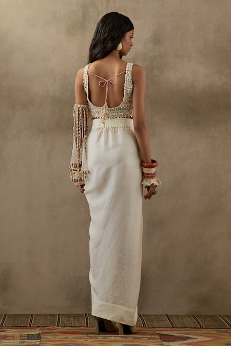 Shop Aseem Kapoor Off White Silk, Net Embroidery Round Neck Kalpa Blouse And Draped Skirt Set at Aza Fashions Shop_Aseem Kapoor_Off White Silk, Net Embroidery Round Neck Kalpa Blouse And Draped Skirt Set _at_Aza_Fashions