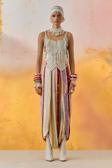 Aseem Kapoor Multi Color Net, Satin, Crepe Beads, Bhumi Resham Corset And Draped Trouser Set Online at Aza Fashions Aseem Kapoor_Multi Color Net, Satin, Crepe Beads, Bhumi Resham Corset And Draped Trouser Set _Online_at_Aza_Fashions