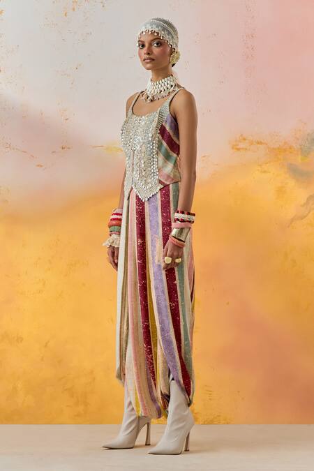 Shop Aseem Kapoor Multi Color Net, Satin, Crepe Beads, Bhumi Resham Corset And Draped Trouser Set Online at Aza Fashions Shop_Aseem Kapoor_Multi Color Net, Satin, Crepe Beads, Bhumi Resham Corset And Draped Trouser Set _Online_at_Aza_Fashions