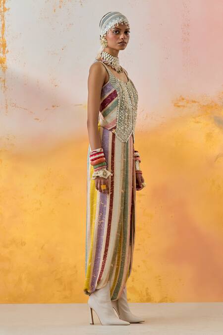 Aseem Kapoor Multi Color Net, Satin, Crepe Beads, Bhumi Resham Corset And Draped Trouser Set at Aza Fashions Aseem Kapoor_Multi Color Net, Satin, Crepe Beads, Bhumi Resham Corset And Draped Trouser Set _at_Aza_Fashions