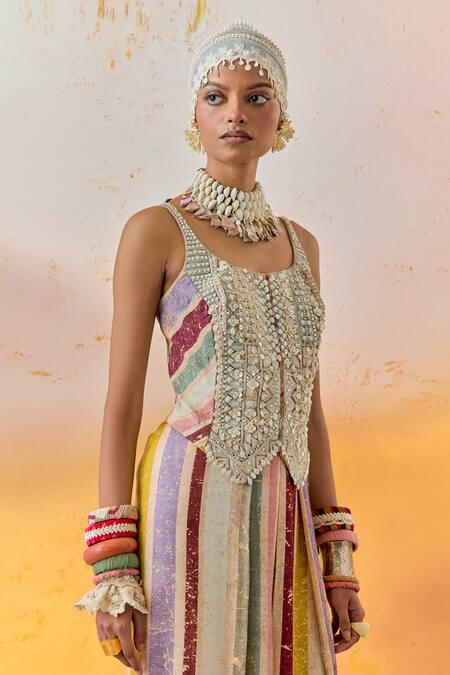 Buy Aseem Kapoor Multi Color Net, Satin, Crepe Beads, Bhumi Resham Corset And Draped Trouser Set Buy_Aseem Kapoor_Multi Color Net, Satin, Crepe Beads, Bhumi Resham Corset And Draped Trouser Set