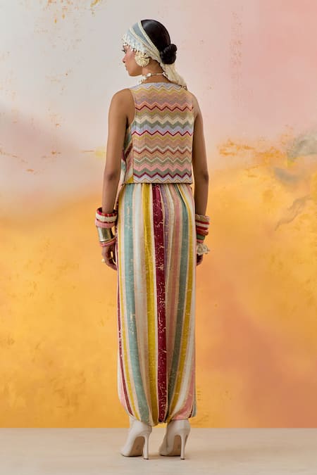 Shop Aseem Kapoor Multi Color Net, Satin, Crepe Beads, Bhumi Resham Corset And Draped Trouser Set at Aza Fashions Shop_Aseem Kapoor_Multi Color Net, Satin, Crepe Beads, Bhumi Resham Corset And Draped Trouser Set _at_Aza_Fashions