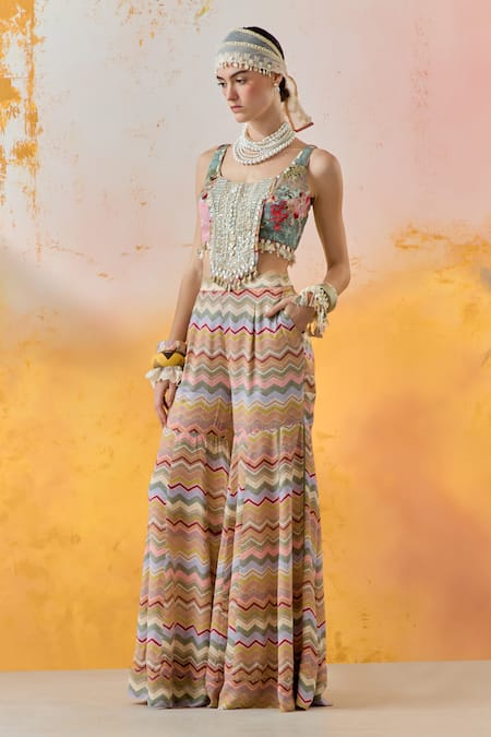 Aseem Kapoor_Multi Color Silk, Satin Embroidery, Beads Round Kalpa Floral Print Saree Blouse _Online_at_Aza_Fashions