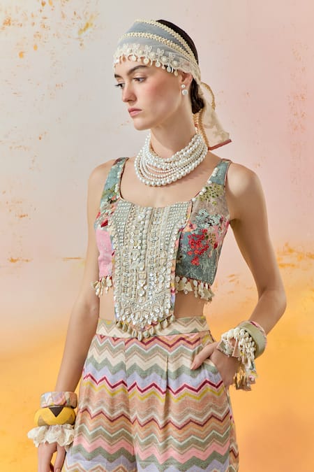 Buy_Aseem Kapoor_Multi Color Silk, Satin Embroidery, Beads Round Kalpa Floral Print Saree Blouse _Online_at_Aza_Fashions