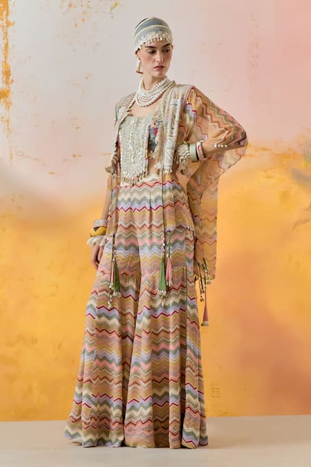 Shop_Aseem Kapoor_Multi Color Silk, Satin Embroidery, Beads Round Kalpa Floral Print Saree Blouse _Online_at_Aza_Fashions