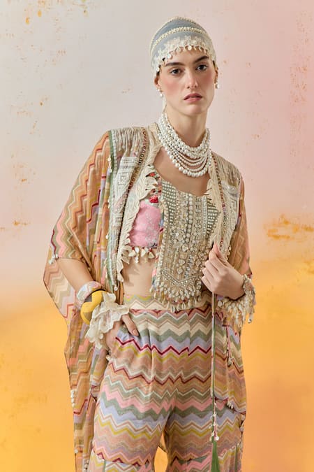 Aseem Kapoor_Multi Color Silk, Satin Embroidery, Beads Round Kalpa Floral Print Saree Blouse _at_Aza_Fashions