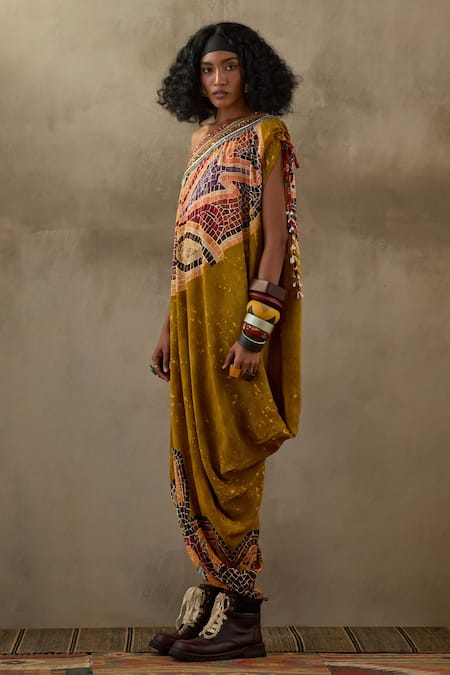 Aseem Kapoor Multi Color Crepe Sequins, Embroidery Asymmetric Rasa Printed Draped Dress Online at Aza Fashions Aseem Kapoor_Multi Color Crepe Sequins, Embroidery Asymmetric Rasa Printed Draped Dress _Online_at_Aza_Fashions