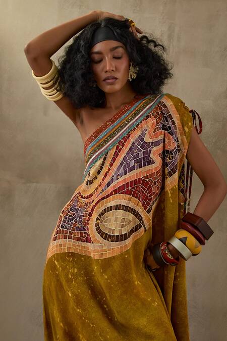 Shop Aseem Kapoor Multi Color Crepe Sequins, Embroidery Asymmetric Rasa Printed Draped Dress Online at Aza Fashions Shop_Aseem Kapoor_Multi Color Crepe Sequins, Embroidery Asymmetric Rasa Printed Draped Dress _Online_at_Aza_Fashions